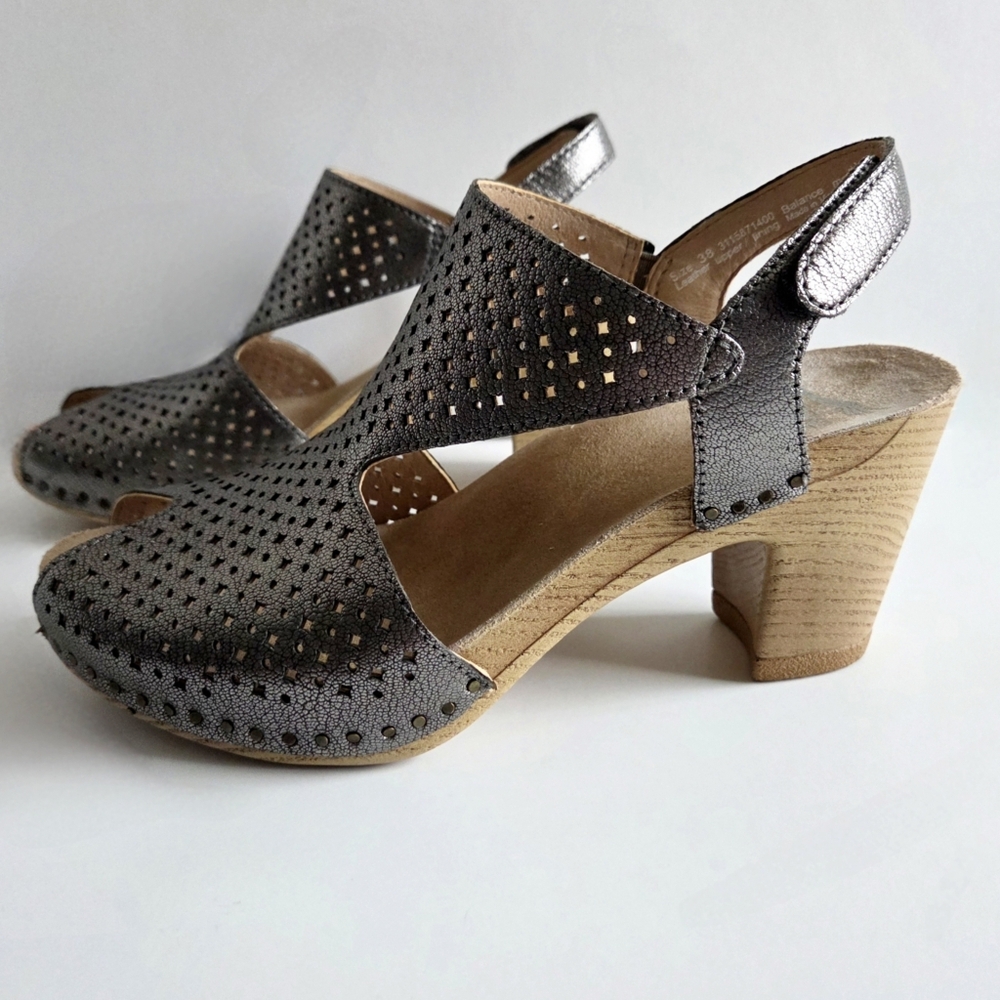 Dansko Teagan Heeled Sandals W/Peep Toe, Metallic Gunmetal Size 38 / US 7.5-8 - Picture 15 of 16